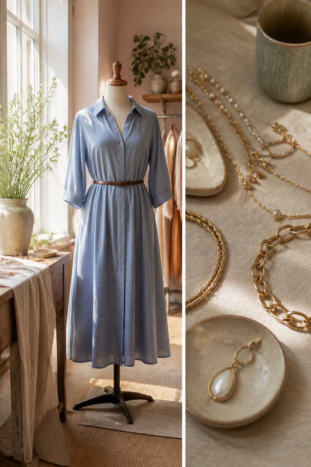 A midi shirtdress cinched at the waist with a leather belt.