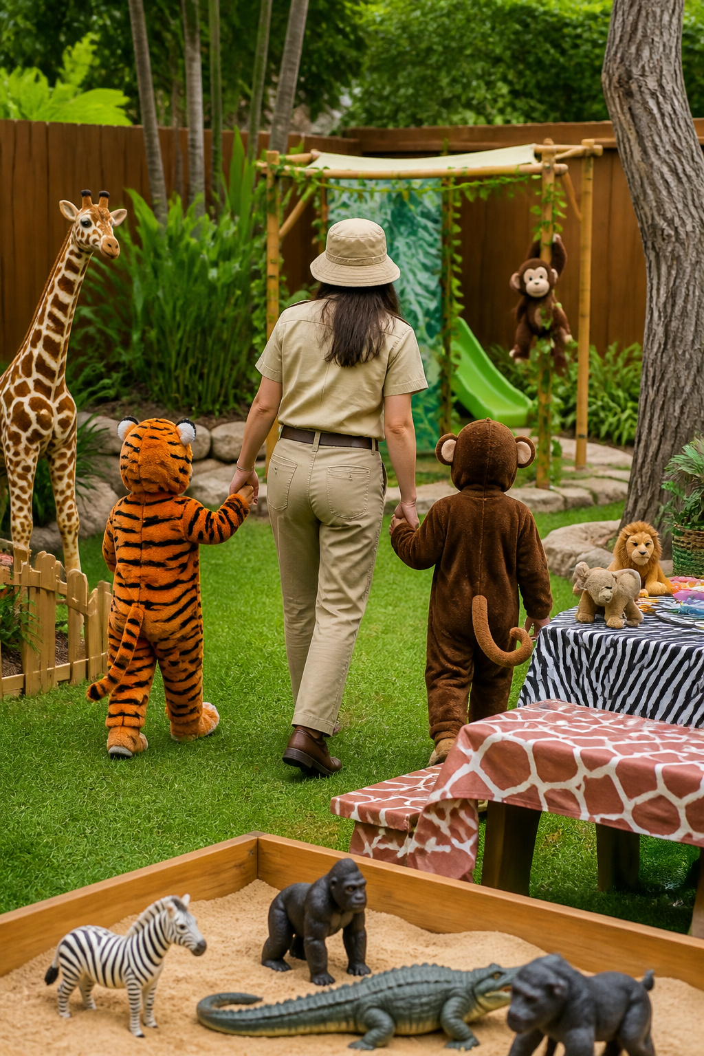 Parent dressed as a zookeeper with children in animal costumes.
