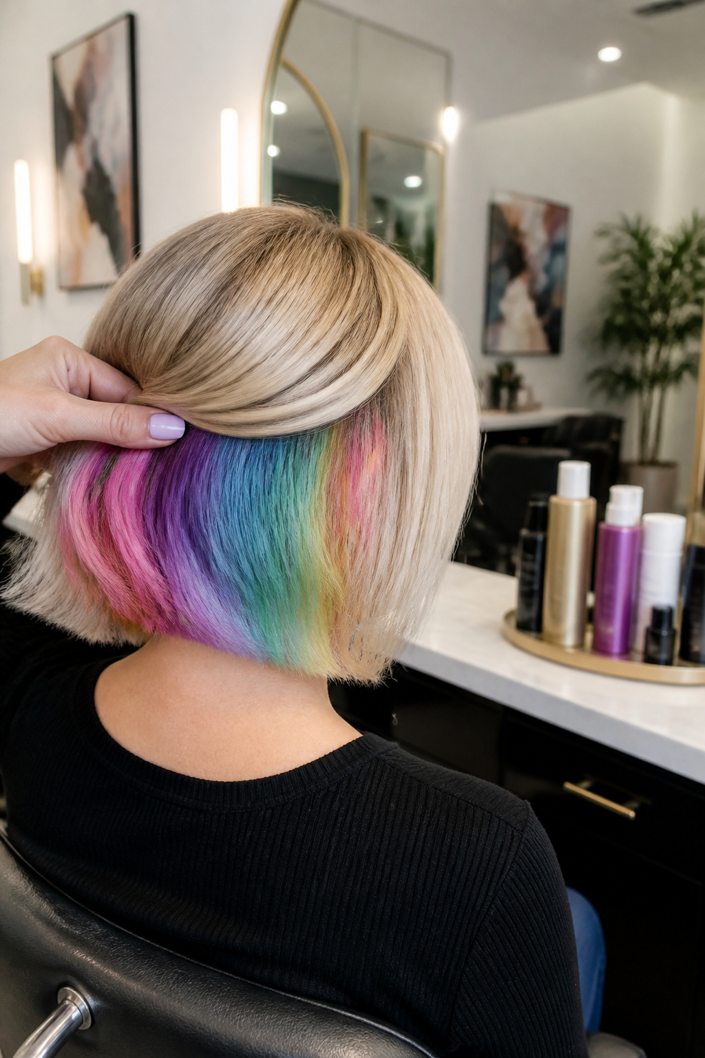 A bob haircut with a hidden rainbow beneath a blonde layer.