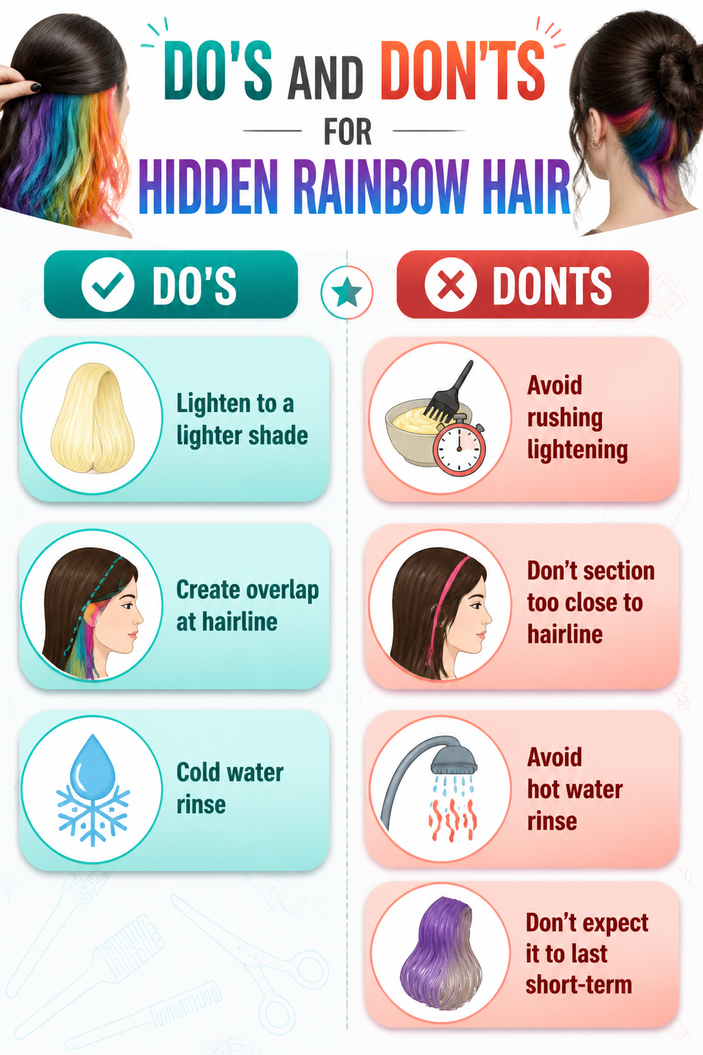 An infographic detailing do's and don'ts for rainbow hair.