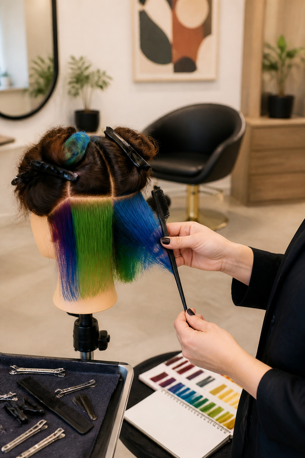 A mannequin head with hair divided into sections for styling.