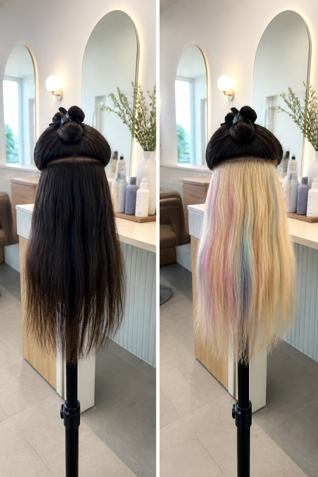 Hair undergoing a lightening process to prepare for dye.