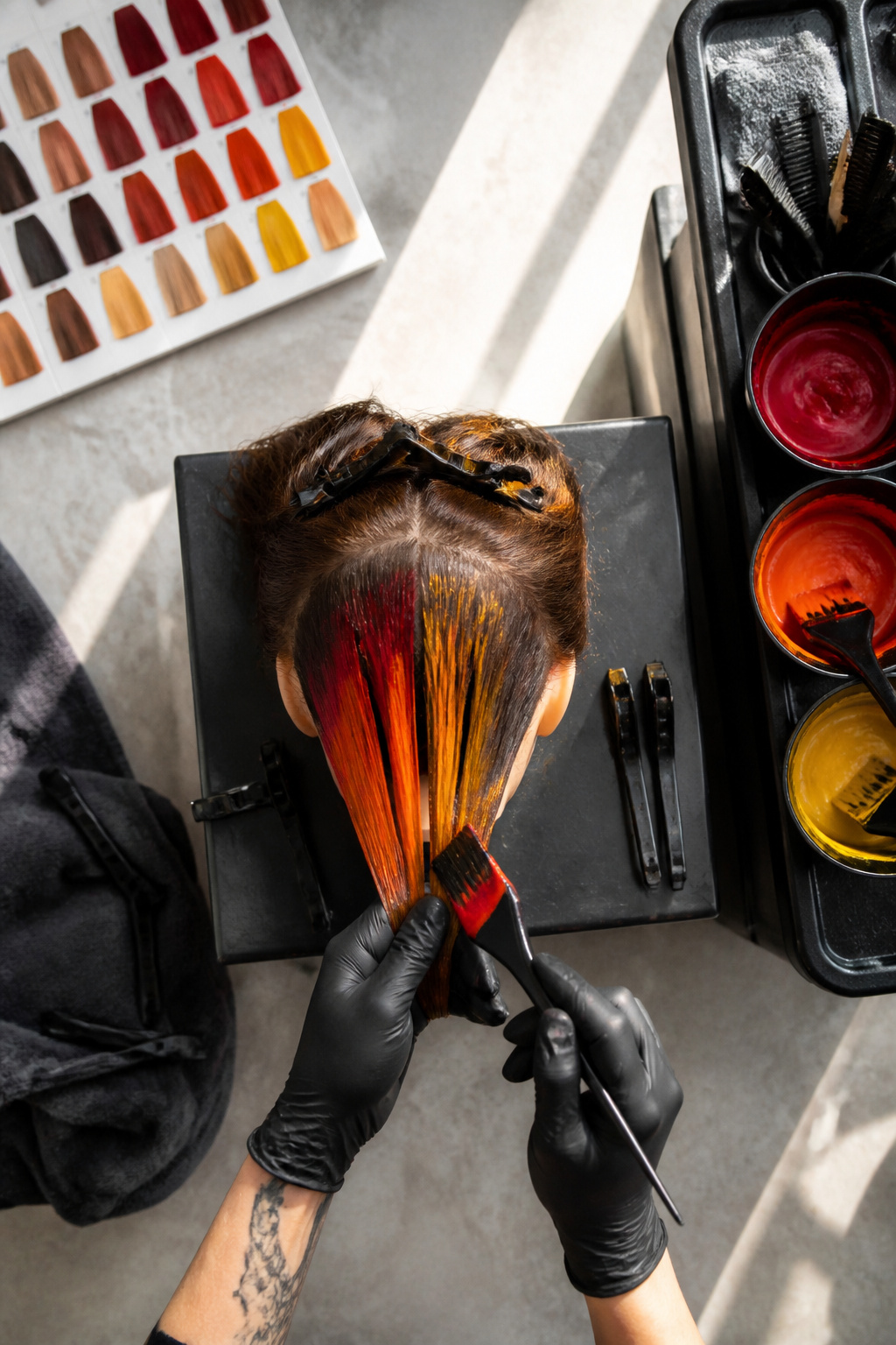 Hair being dyed with careful color placement and blending.