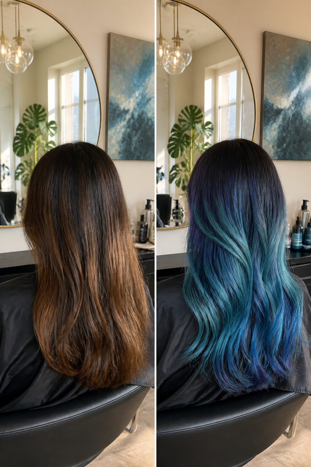 Hair featuring cool tones of blue and green for a hidden rainbow.