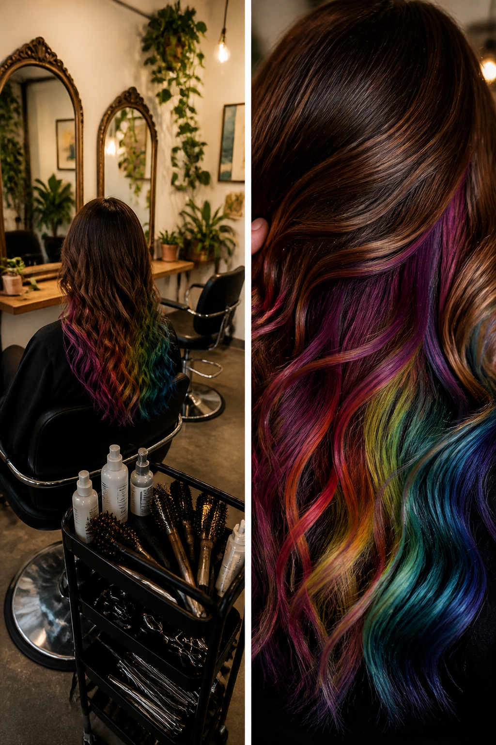 Hair with darker roots blending into vibrant colored lengths.