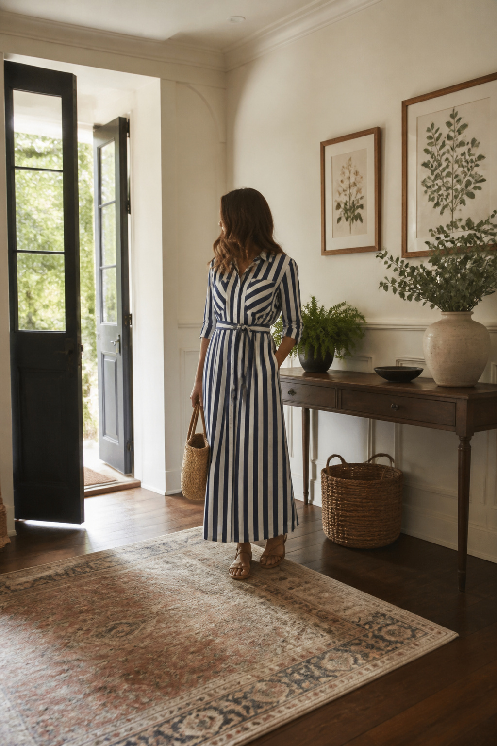 A button-front shirtdress with a belt, showcasing its structured design.