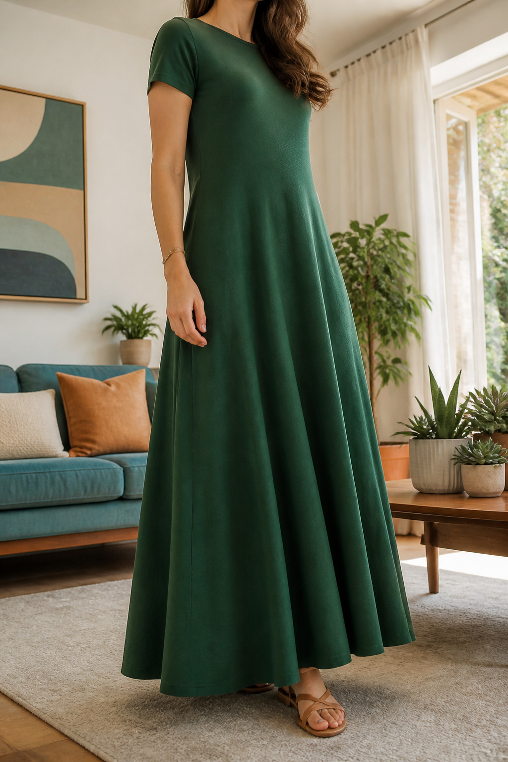 A swing maxi dress with a fitted bodice and a flared skirt.