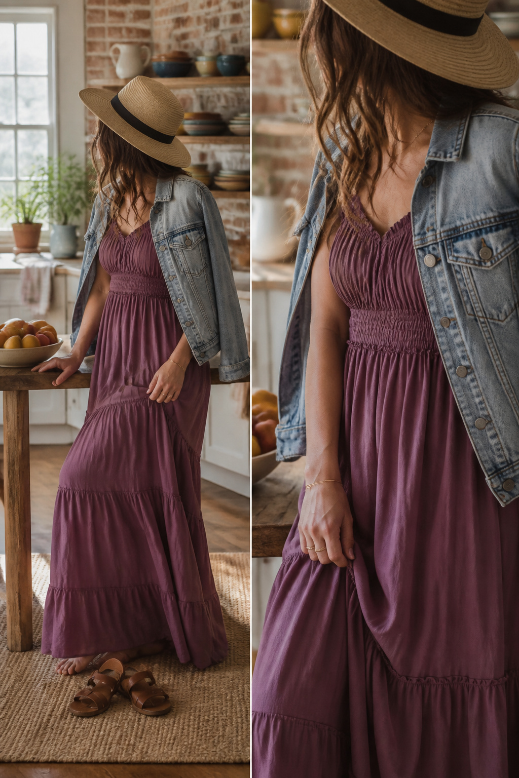 A styled long dress with layered necklaces and a wide-brim hat.