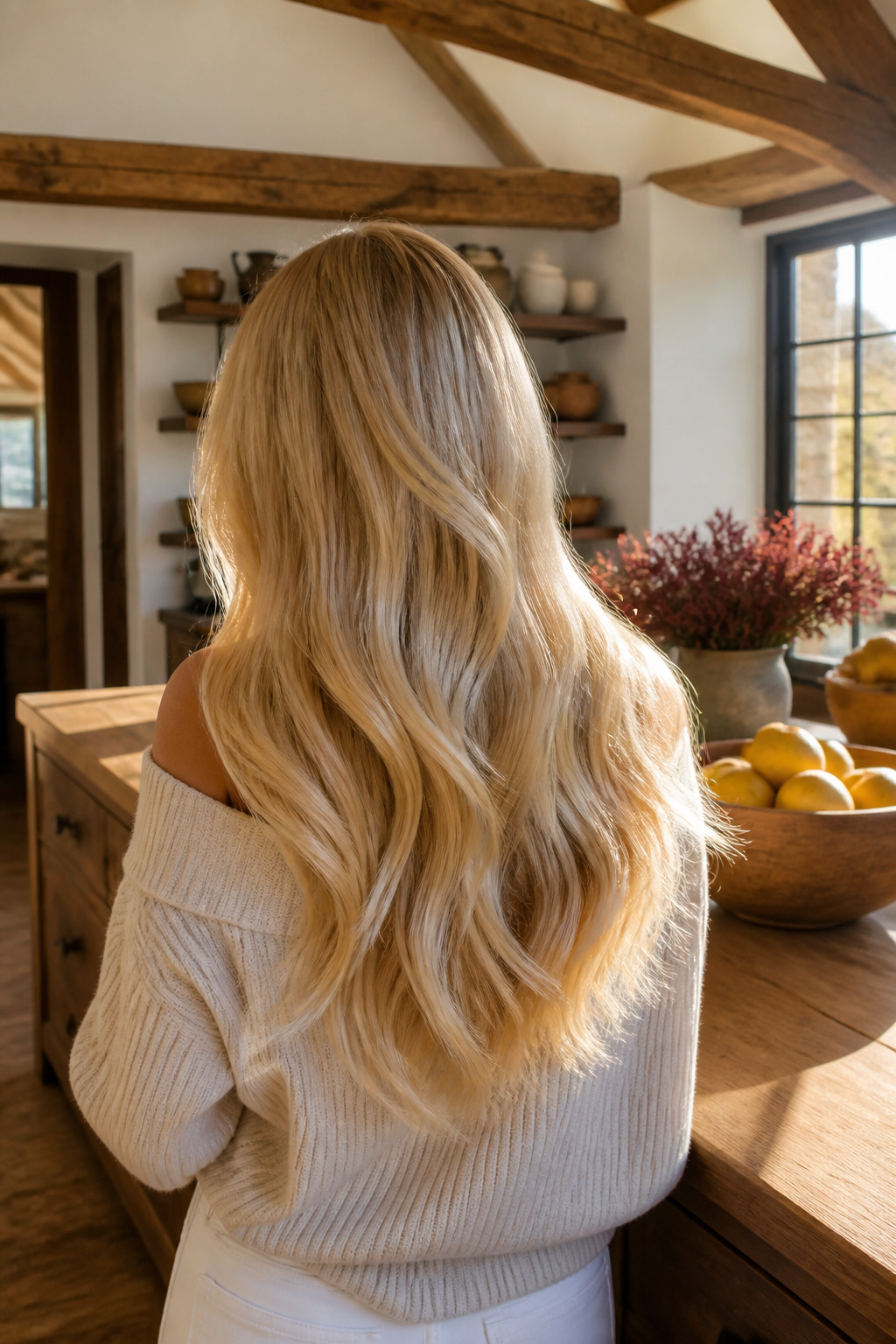 Long hair in soft buttercream blonde flowing effortlessly.