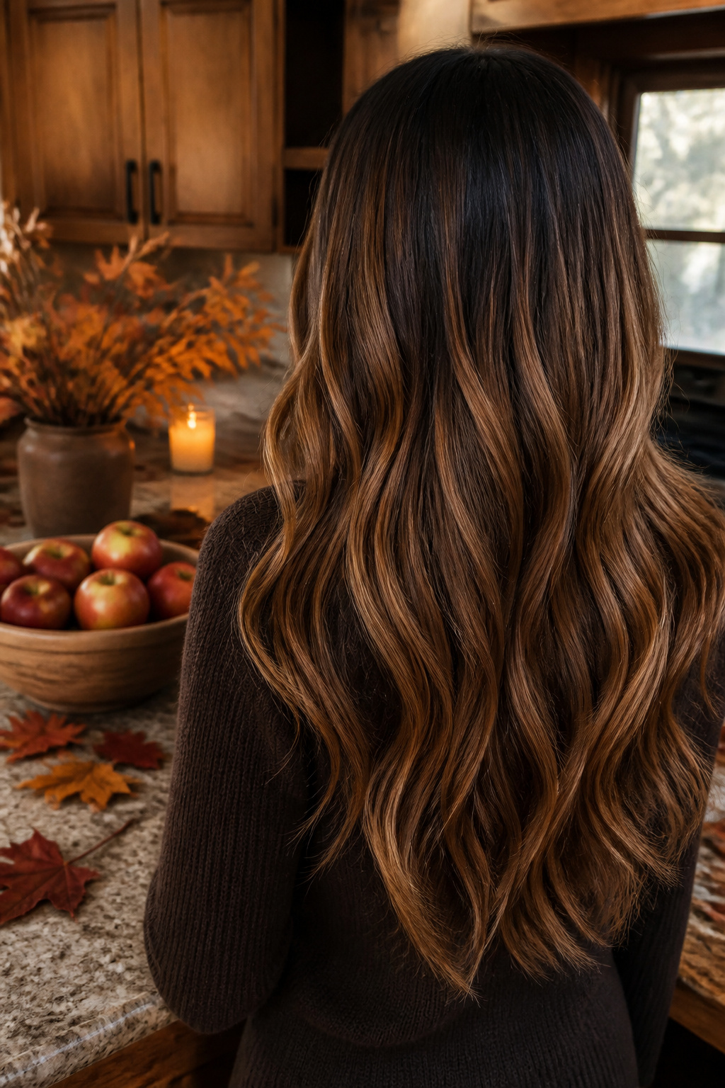 Long hair with hand-painted caramel balayage technique.