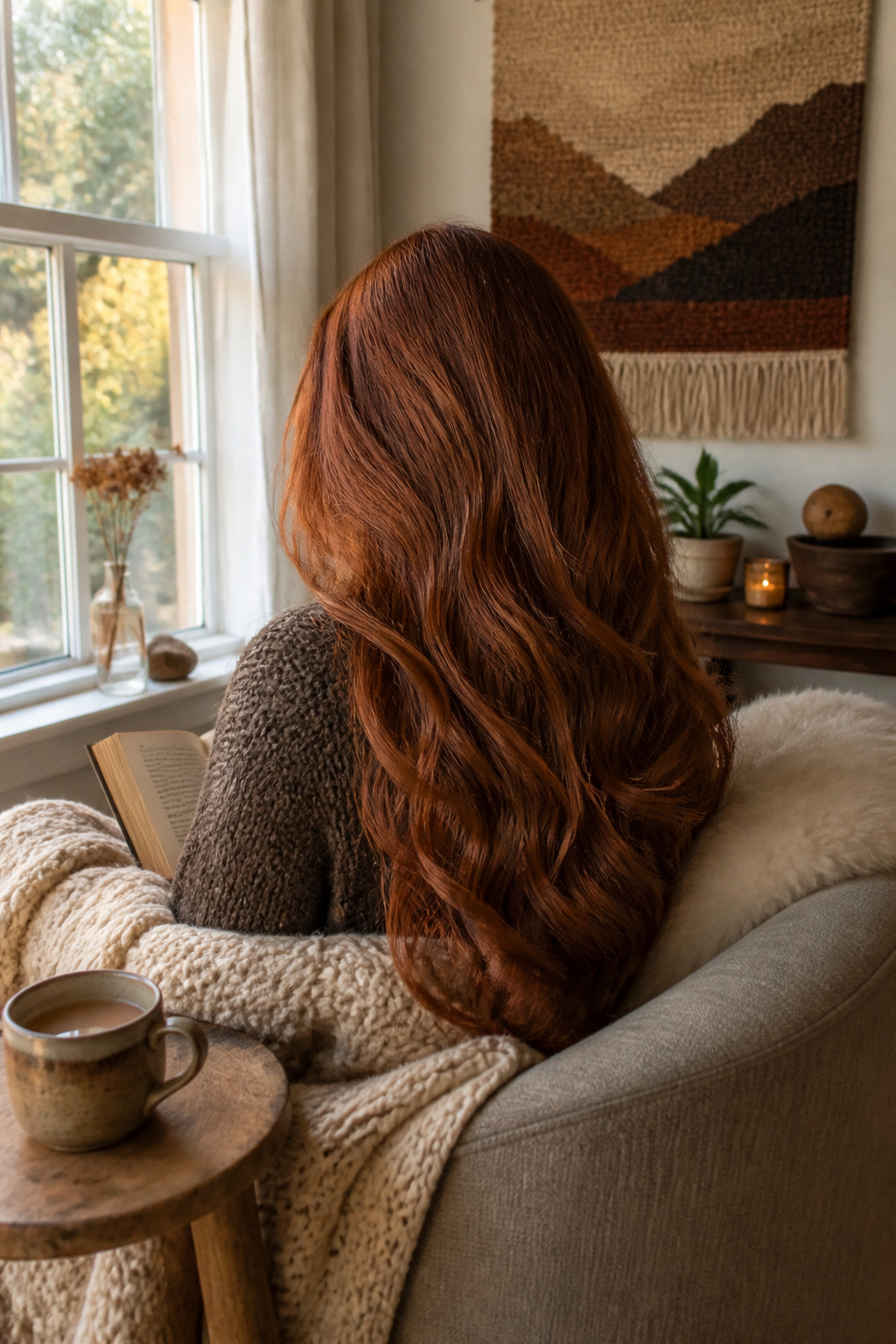 Long hair in vibrant cinnamon spice color with soft waves.
