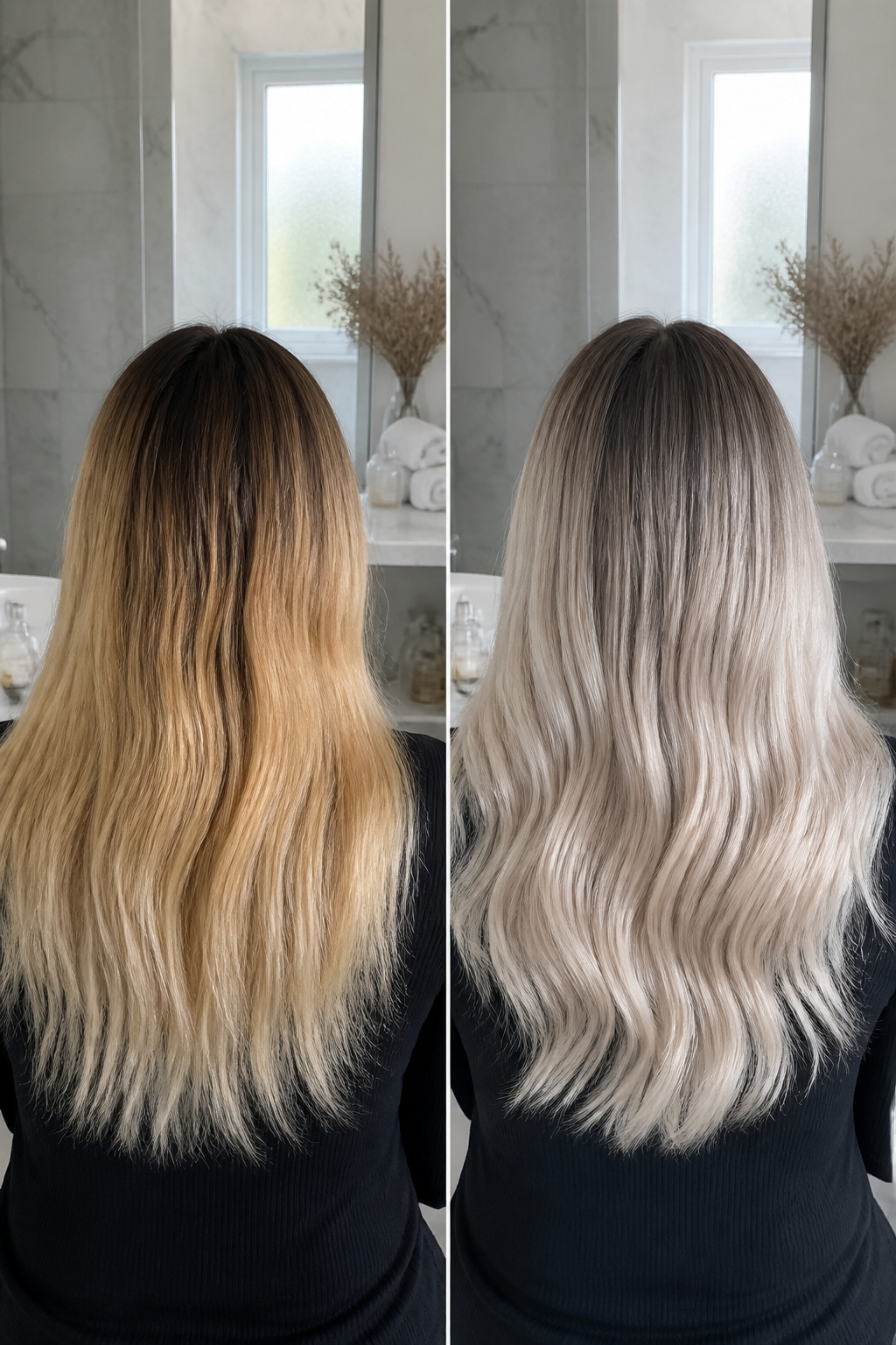 Long hair in rooty silver blonde showcasing blended highlights.