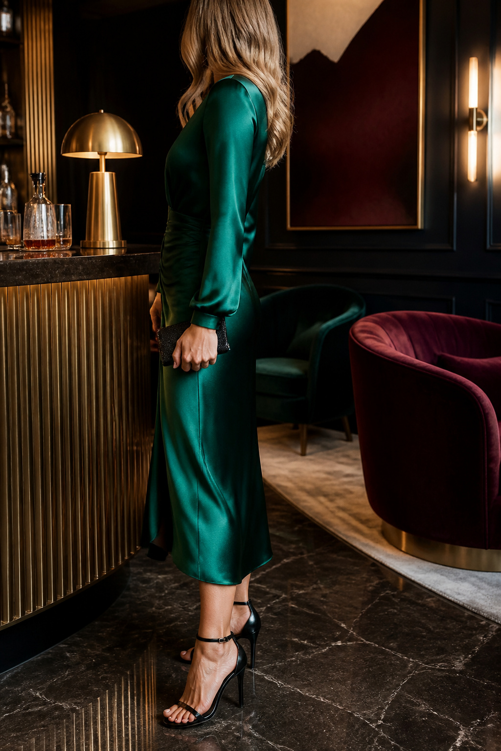Long sleeve satin midaxi dress displayed in an upscale lounge.