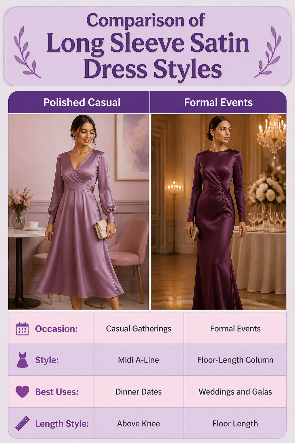 Midi length long sleeve satin dress suitable for evening occasions.