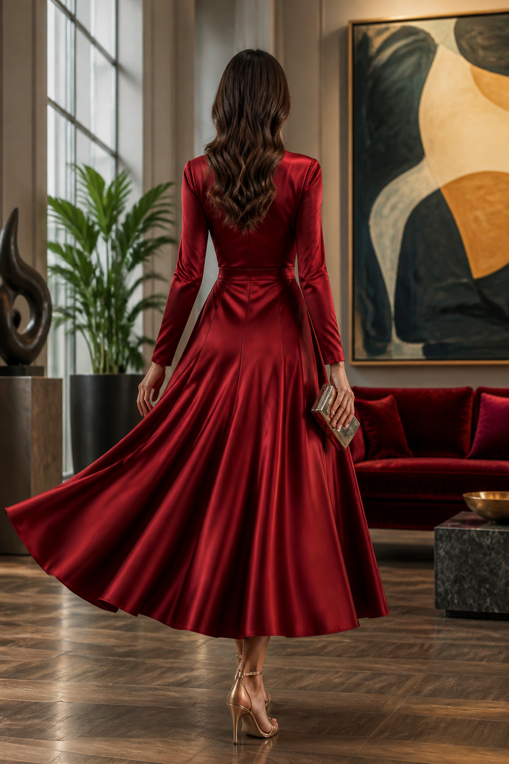 Fit-and-flare long sleeve satin dress in a gallery.