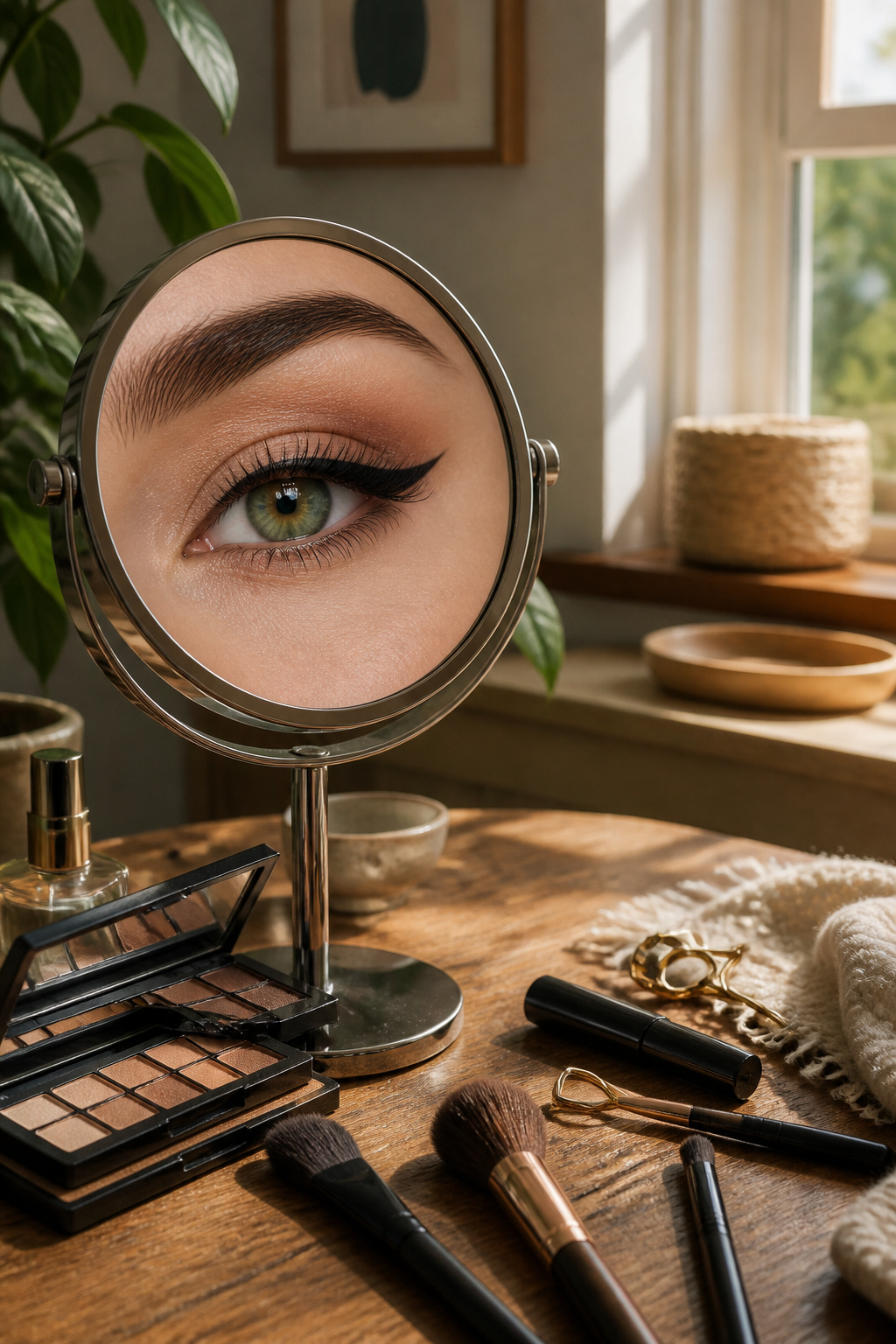 Neutral Cat Eye makeup featuring matte nude shadow and a black winged liner.