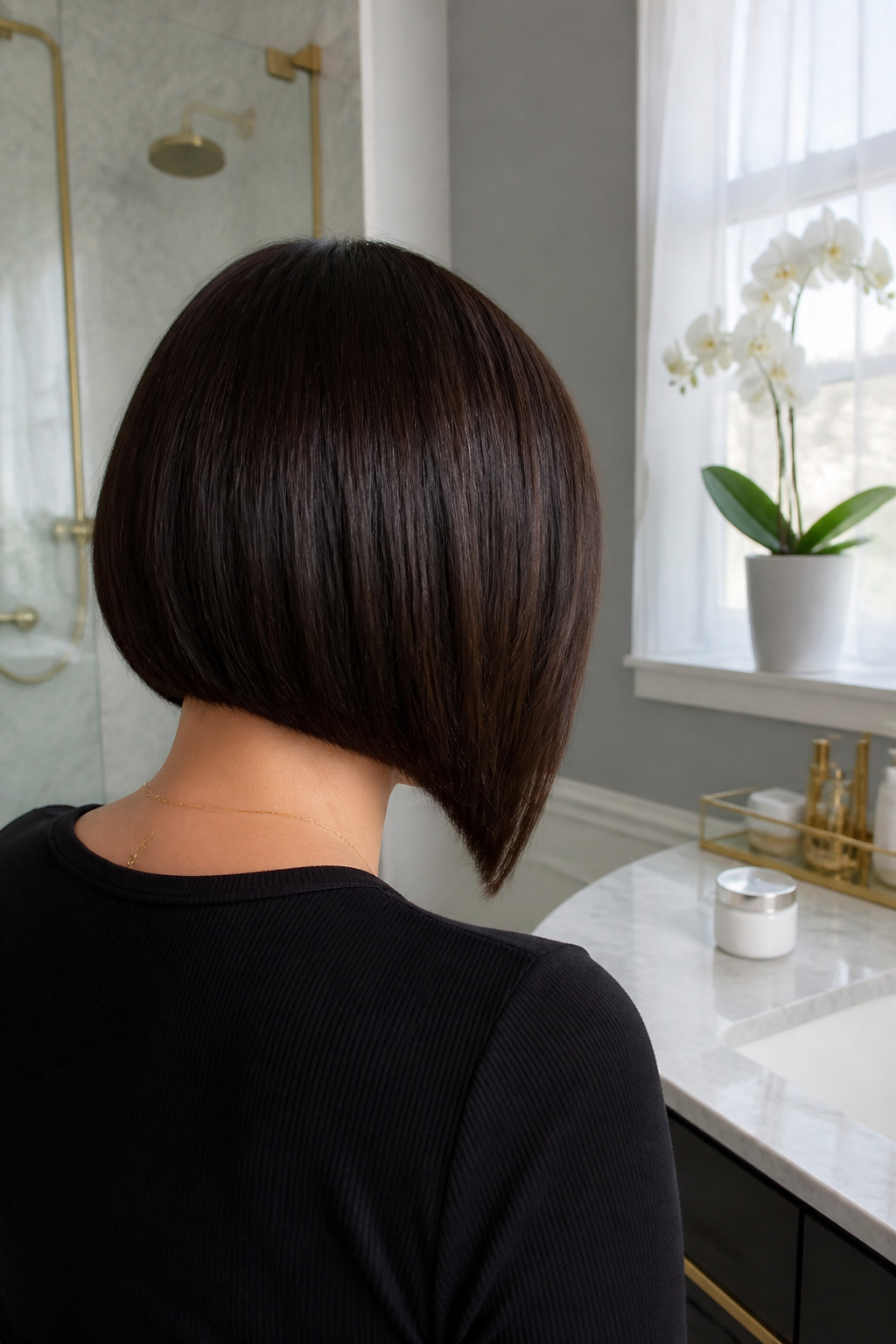 A side-swept bob with sleek strands and a deep side part.