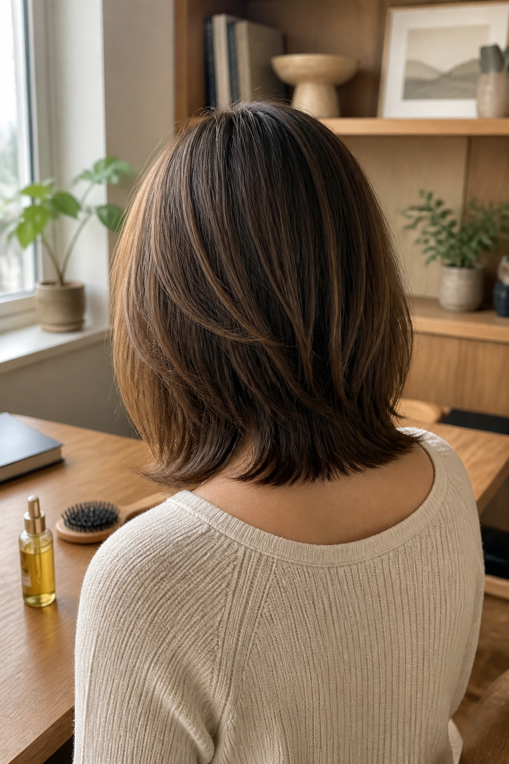 A layered bob starting at the collarbone for elongation.
