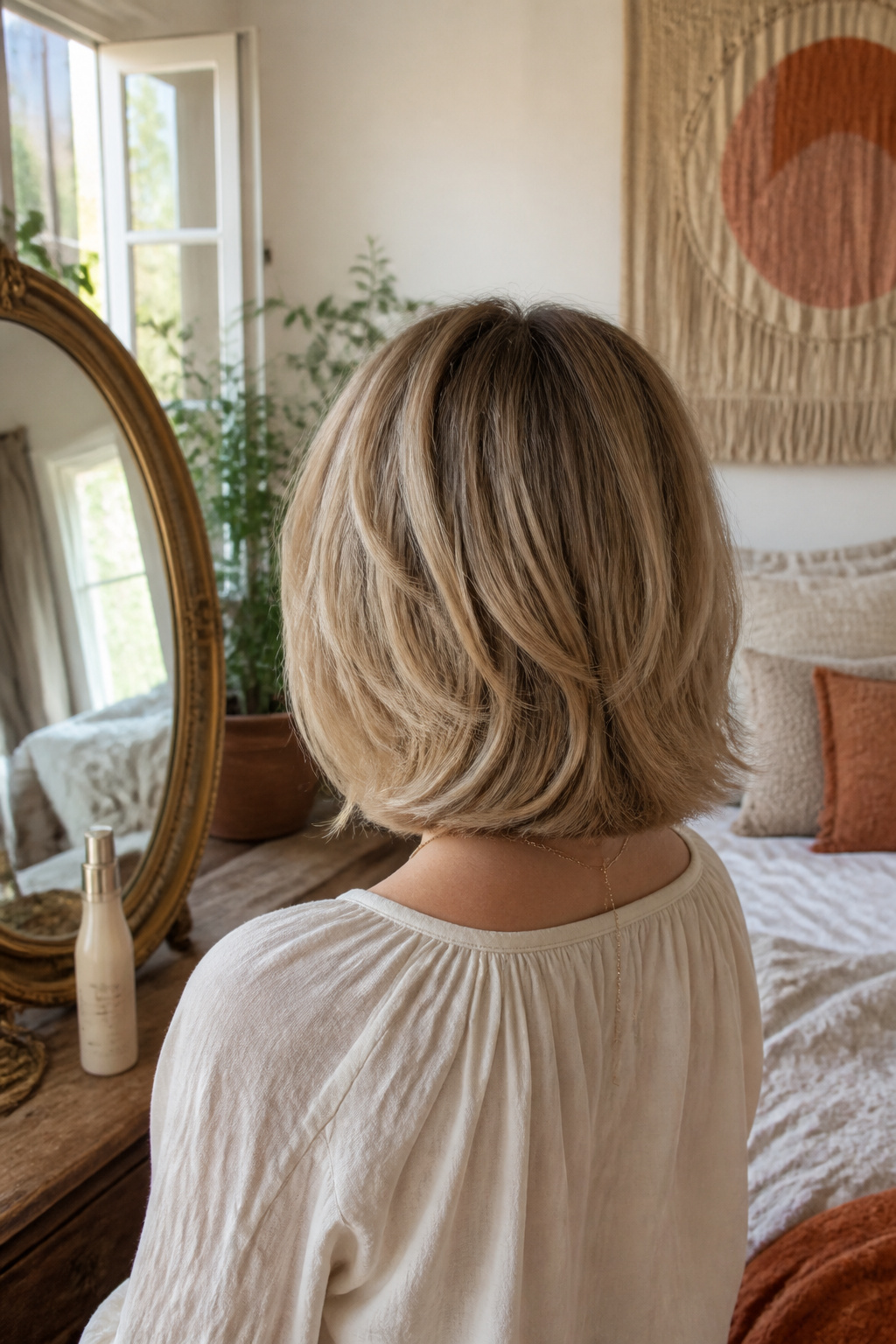 A kitty cut bob with rounded ends and soft layers.