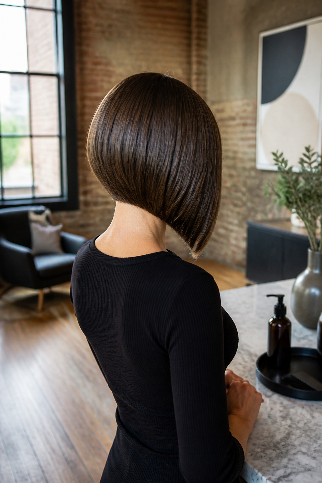 An asymmetrical bob showing crisp lines and a deep chestnut hue.