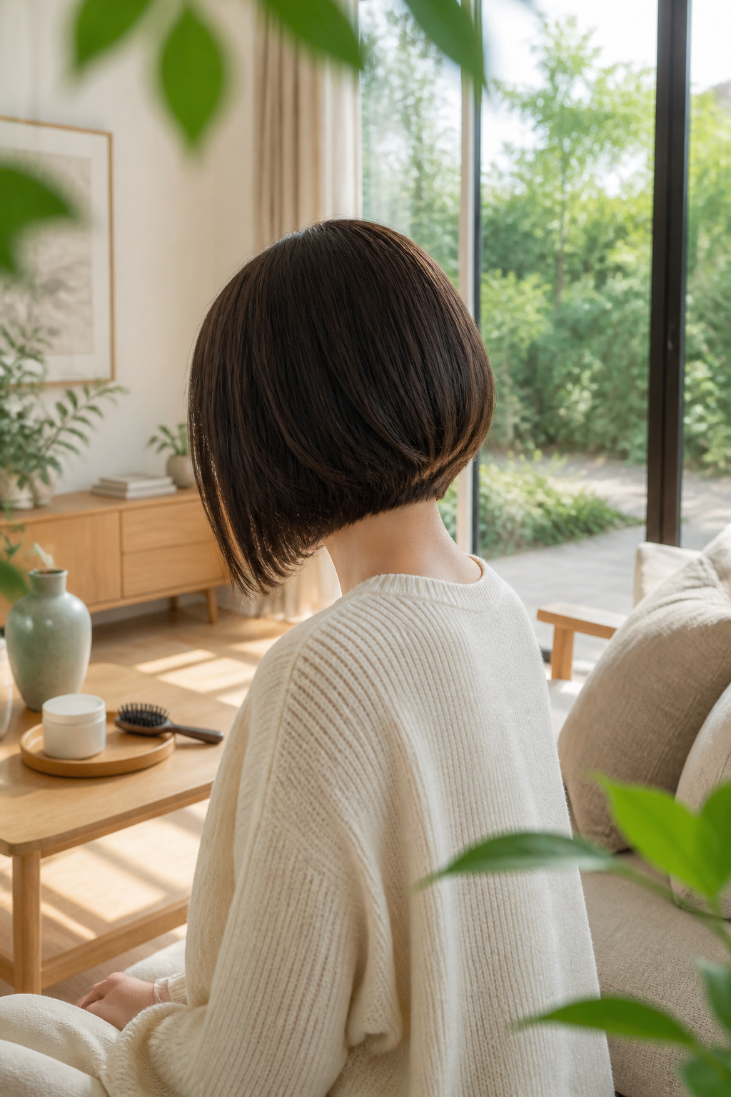An A-line bob with a smooth flow and light styling cream.