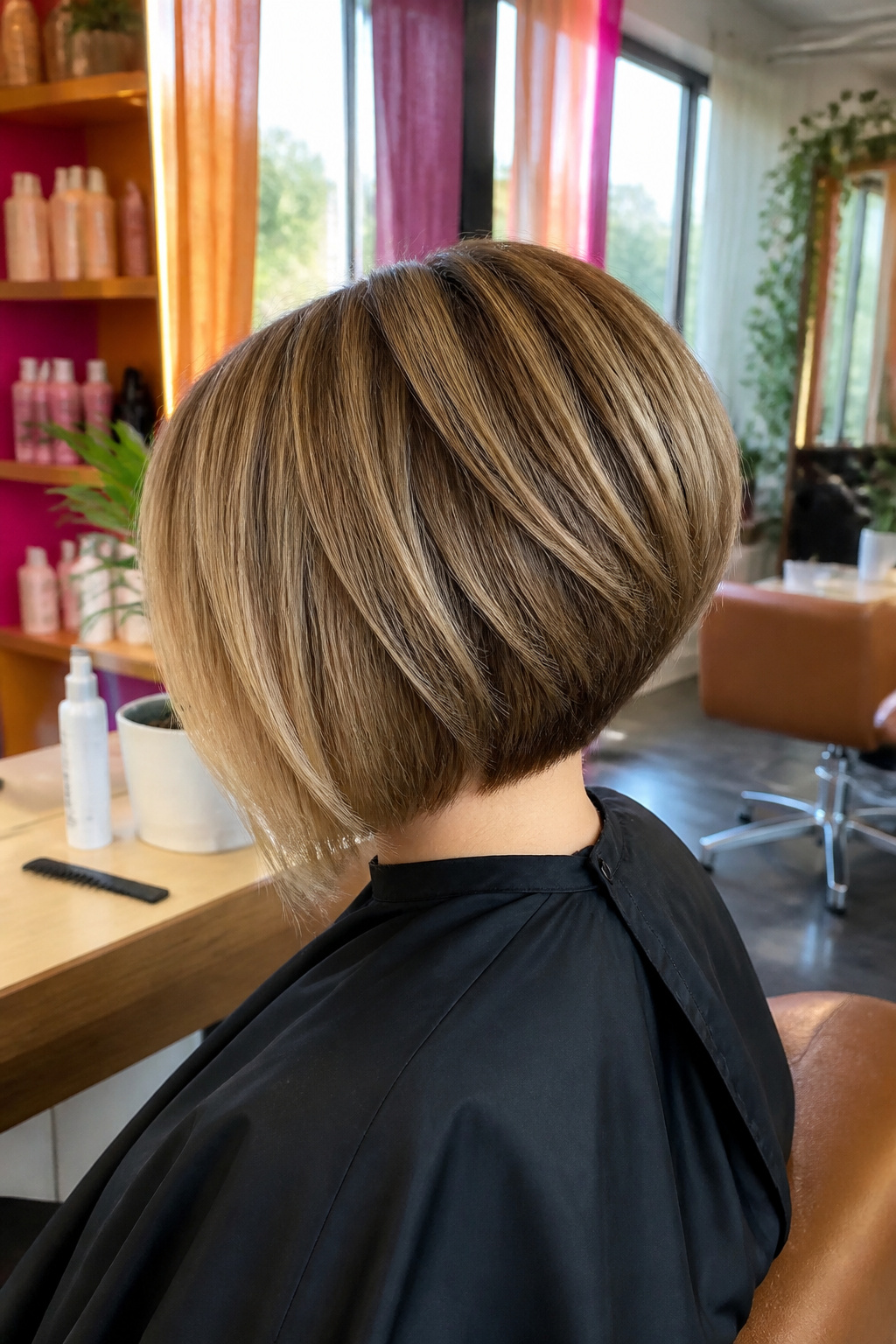 An inverted bob with layered height and vibrant balayage.