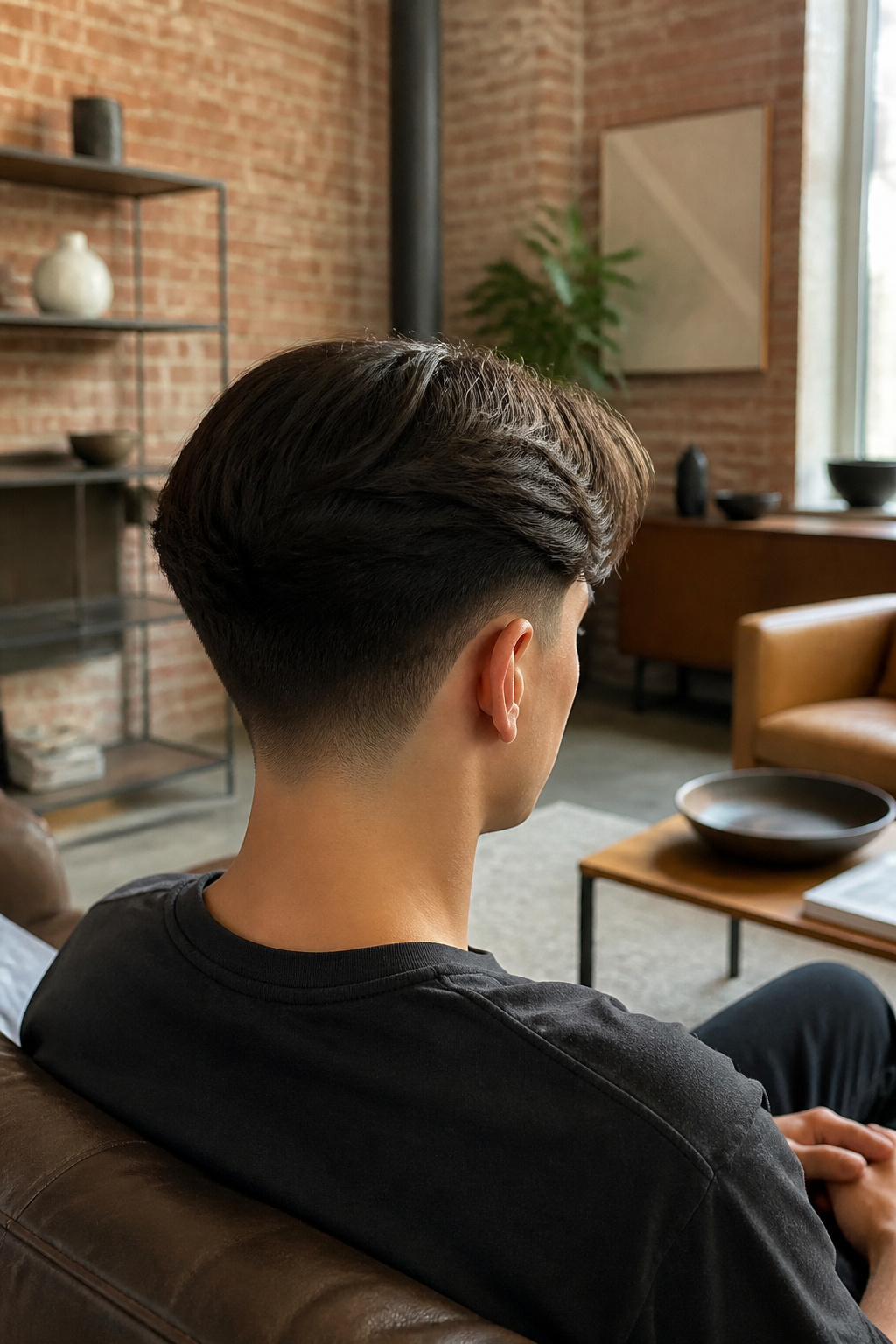 Model with a middle part taper fade hairstyle.