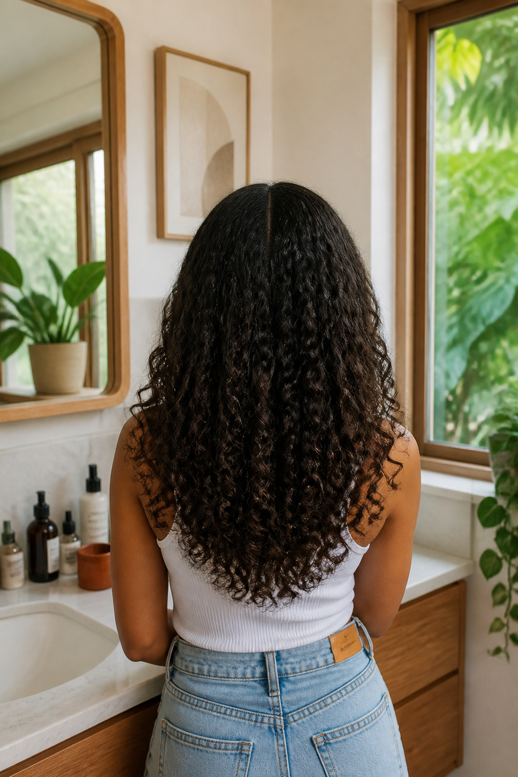 Model showcasing a curly middle part hairstyle.