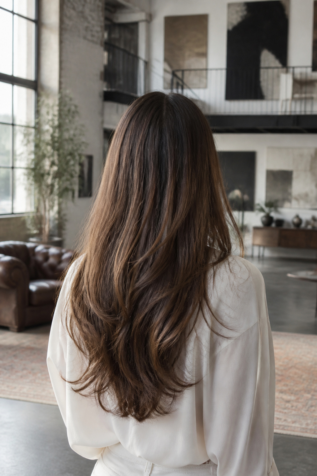 Model with a long middle part hairstyle.