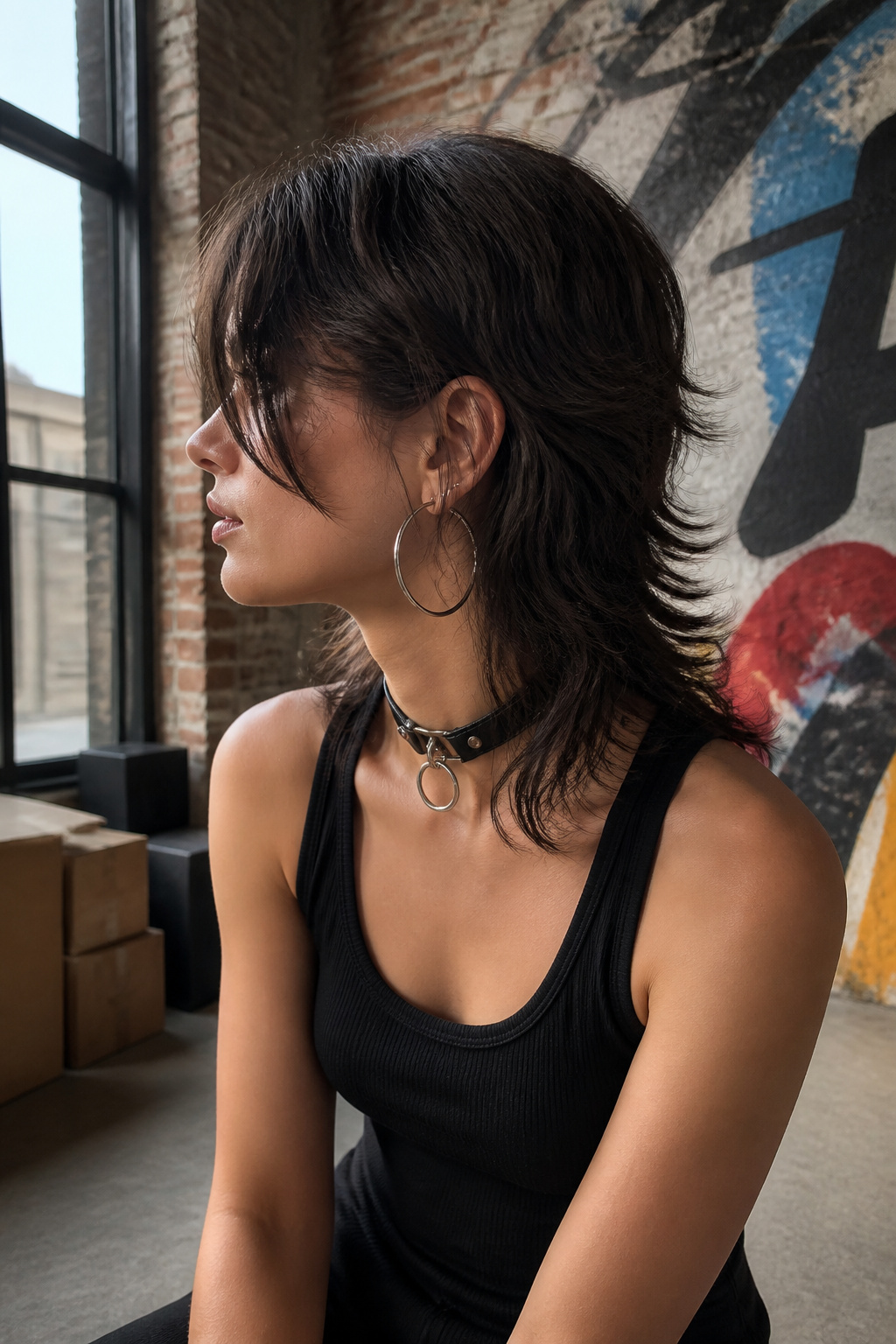 Model showcasing a middle part mullet hairstyle.