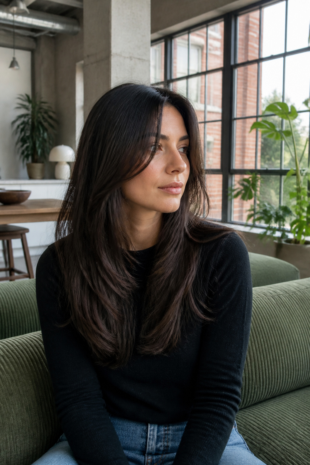 Model with a layered middle part hairstyle.