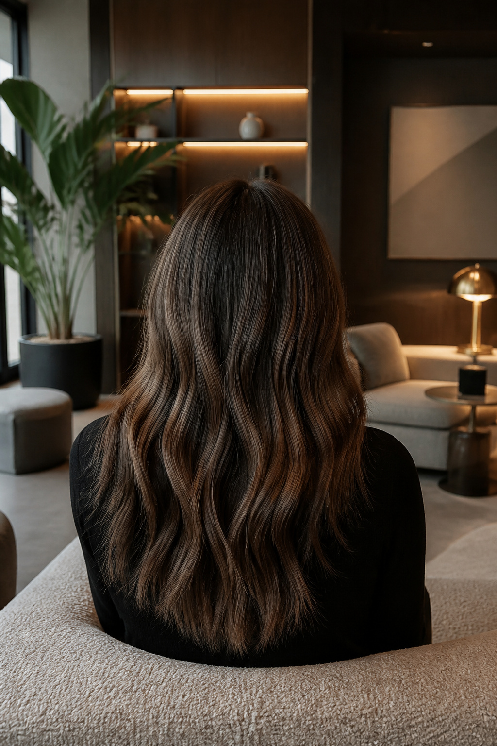 Model showcasing a modern middle part hairstyle.