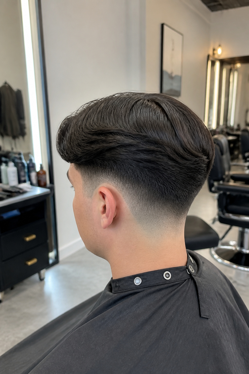 Model showcasing a middle part with low fade hairstyle.
