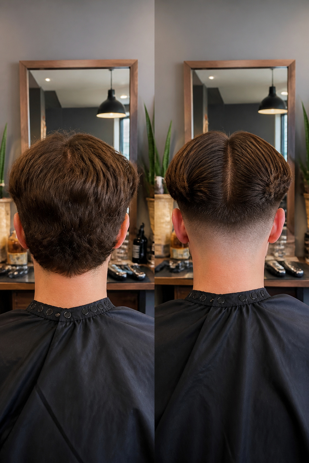 Model with a middle part fade hairstyle.