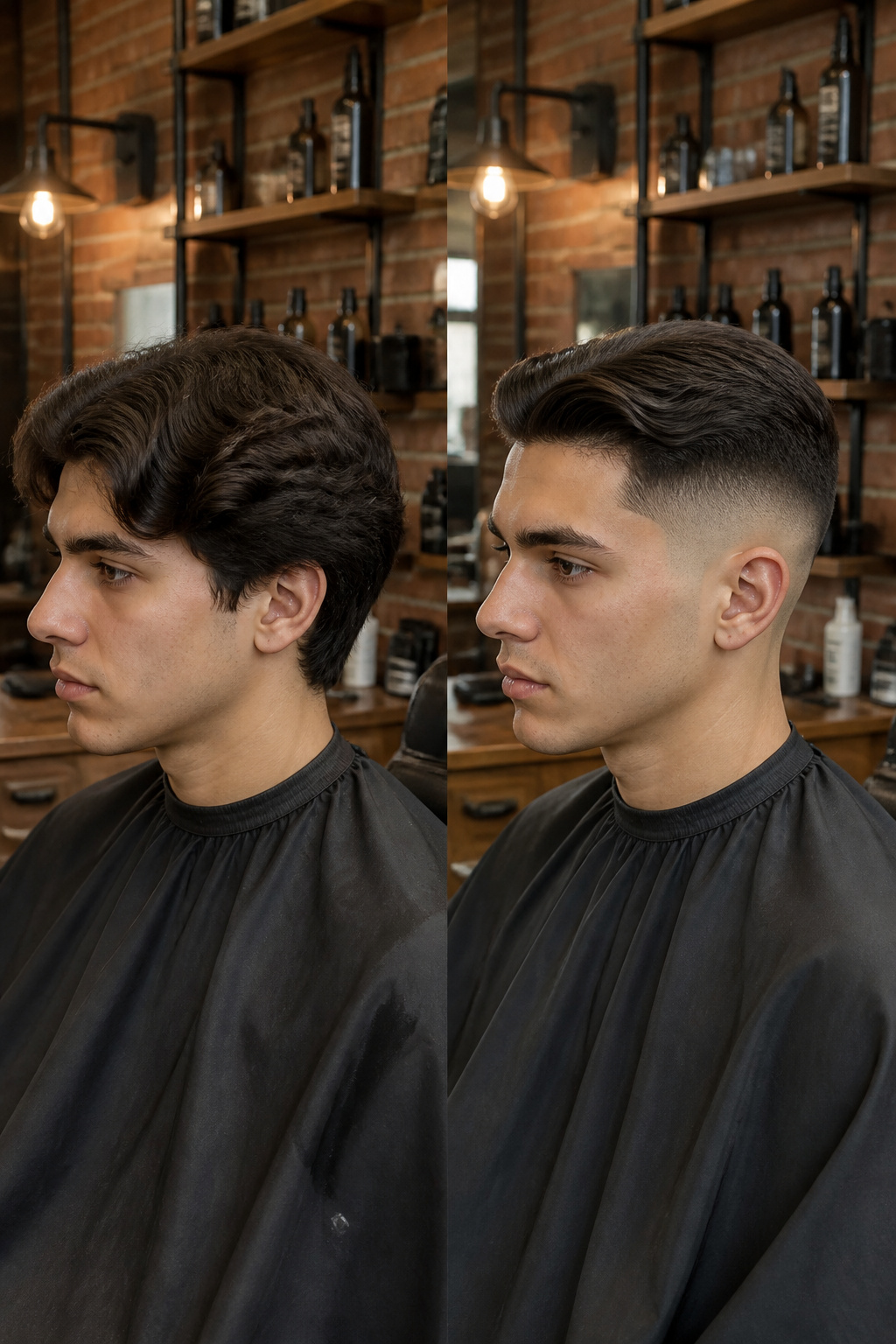 Model showcasing a skin fade middle part hairstyle.