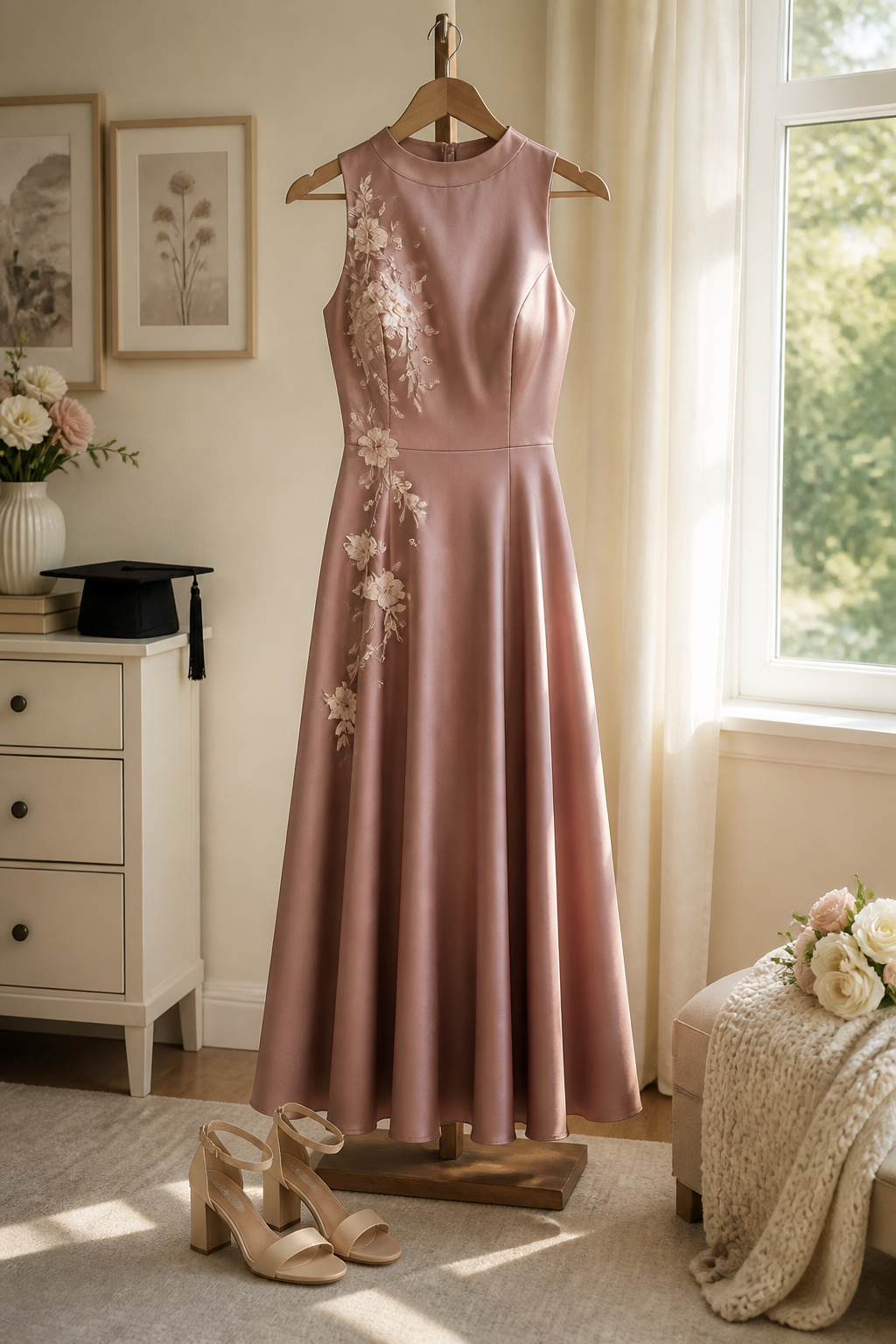 A satin midi dress suitable for graduations displayed on a mannequin.