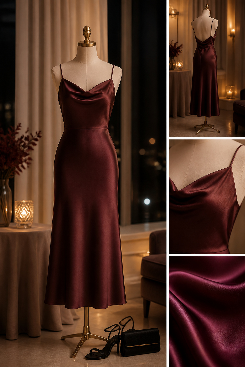A satin midi dress suitable for special occasions on display.