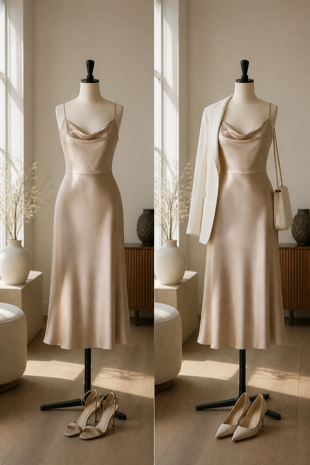 A satin midi dress displayed, highlighting its knee-length cut.