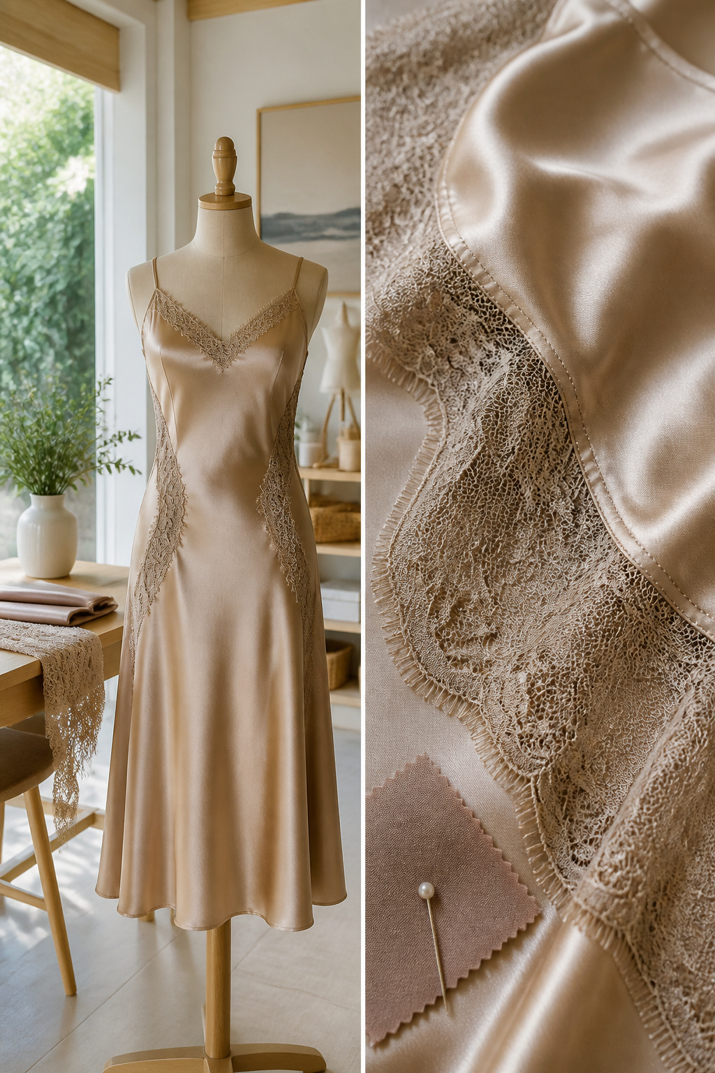 A satin midi dress with lace insets displayed on a hanger.