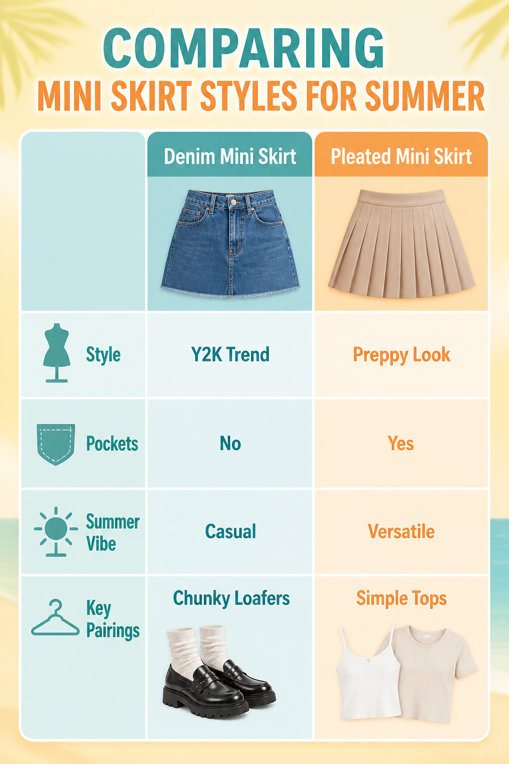Different styles of mini skirts for summer, including denim and pleated.