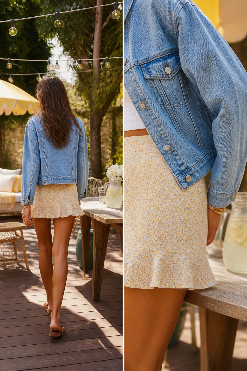 Cropped denim jacket displayed with a mini skirt for summer layering.