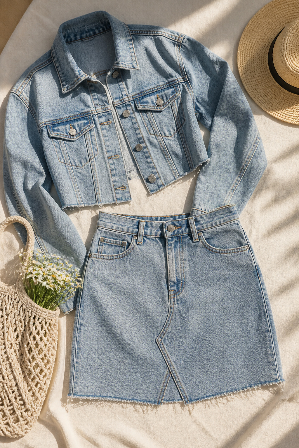 Cropped denim jacket with a matching denim mini skirt displayed together.