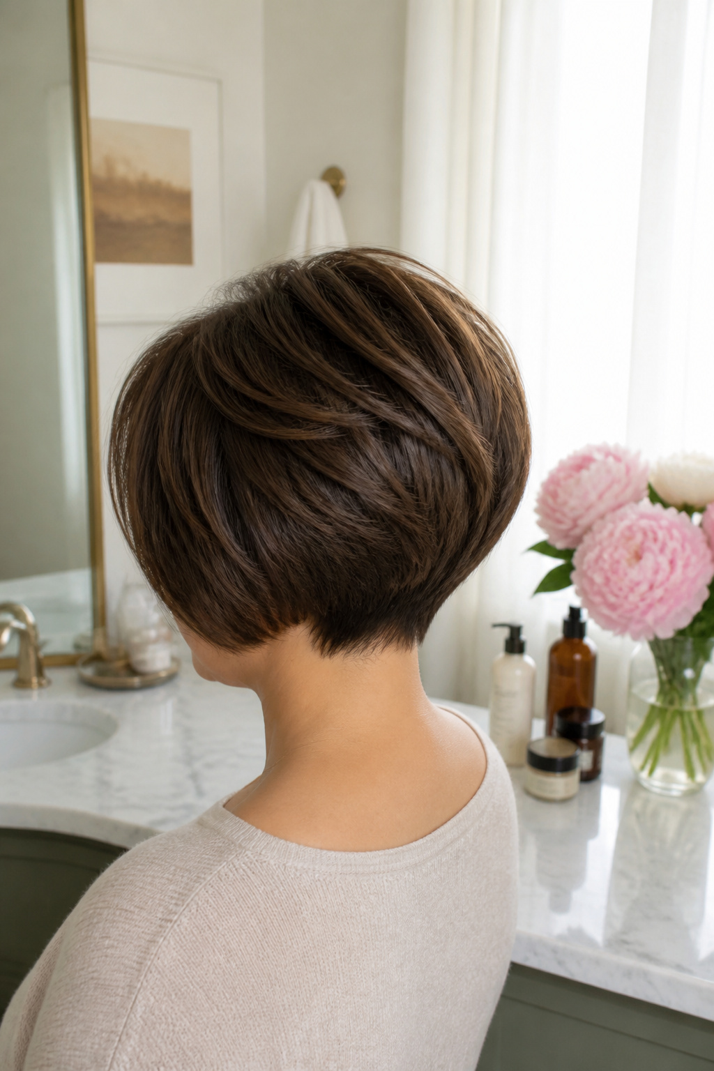 Stacked pixie bob hairstyle with dark brown color and highlighted layers.