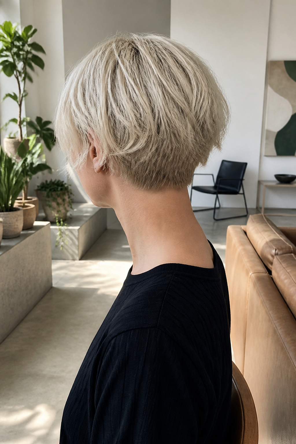 Choppy micro bob hairstyle with a platinum color.