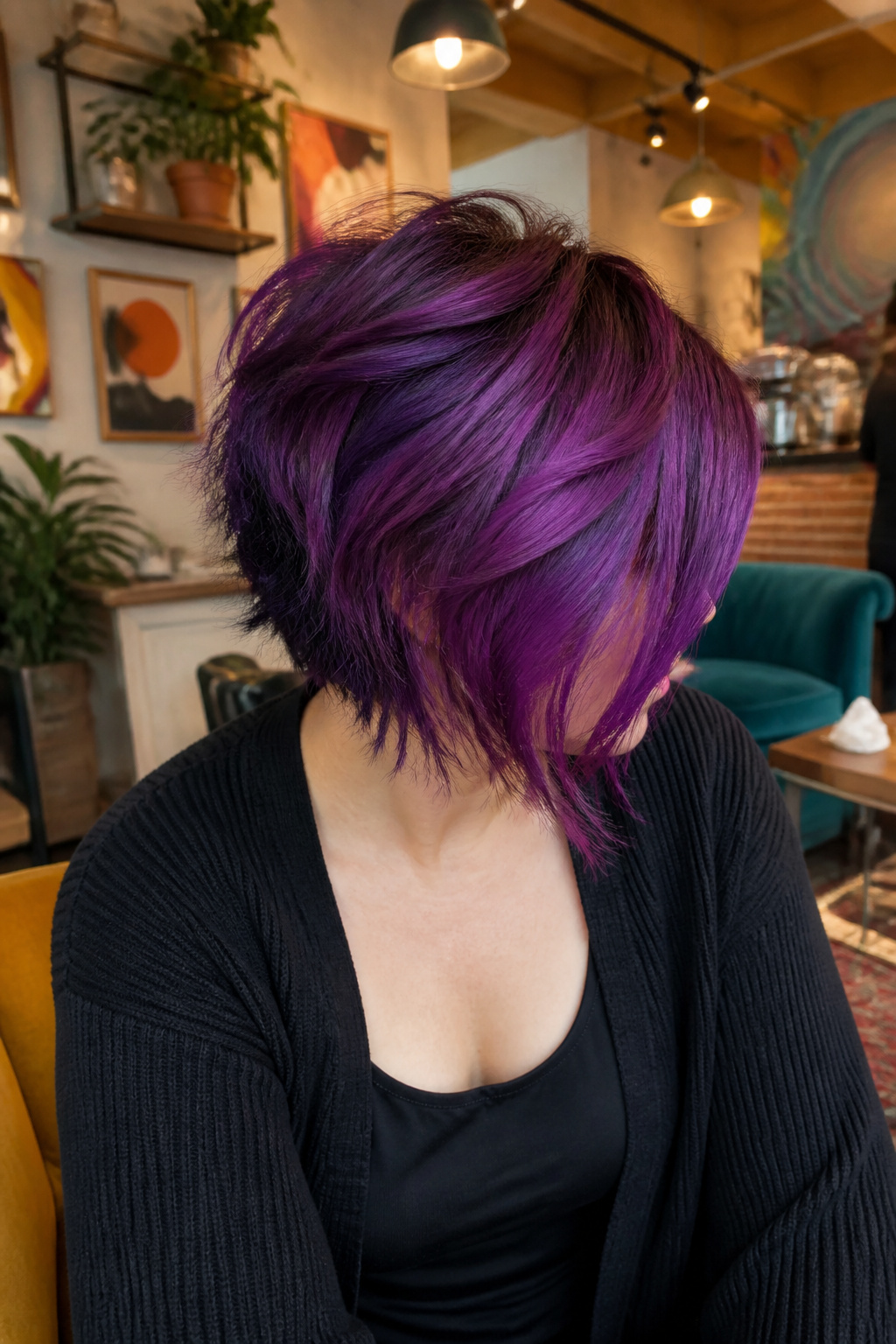 Shaggy pixie bob in vibrant purple shades.