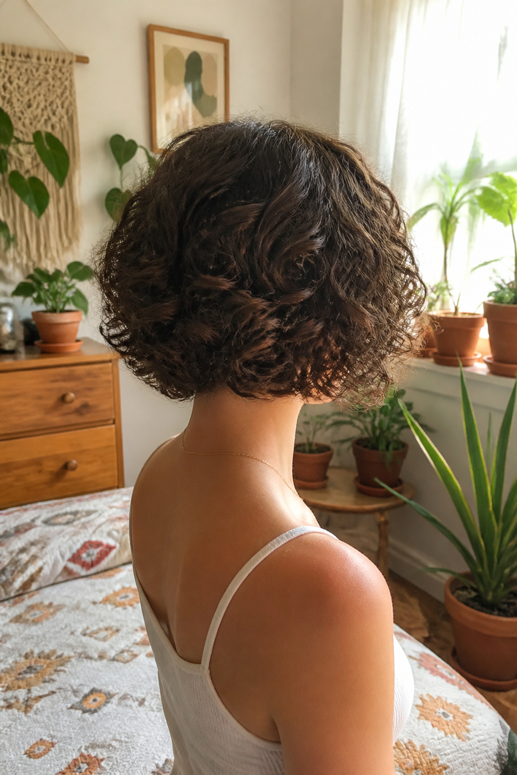 Curly pixie bob hairstyle with defined curls.