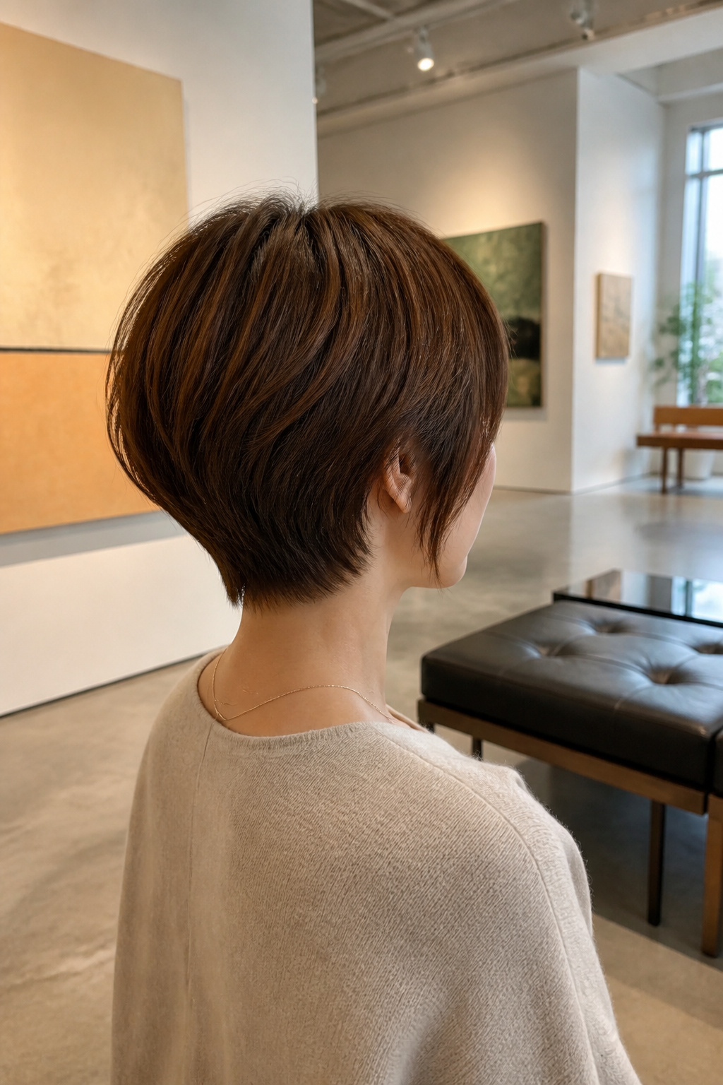 Graduated pixie bob with a full forehead fringe.