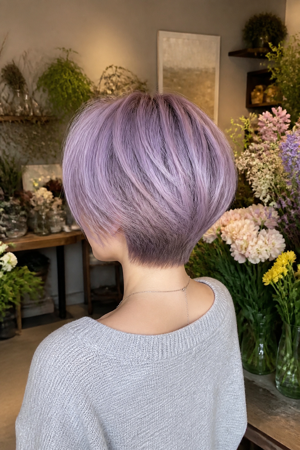 Tapered bixie haircut in lavender color.