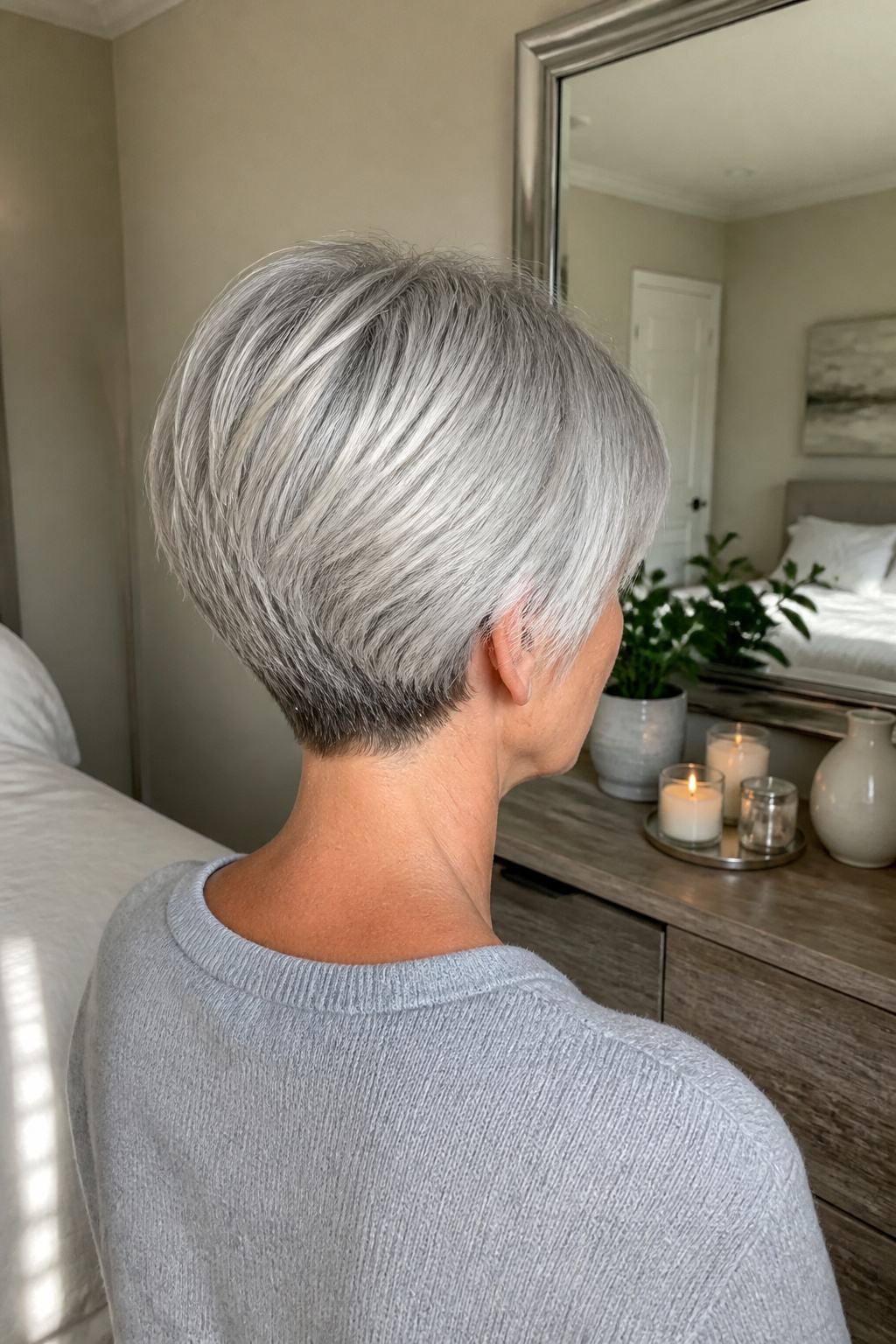 Defined pixie bob haircut with silver color and gray roots.
