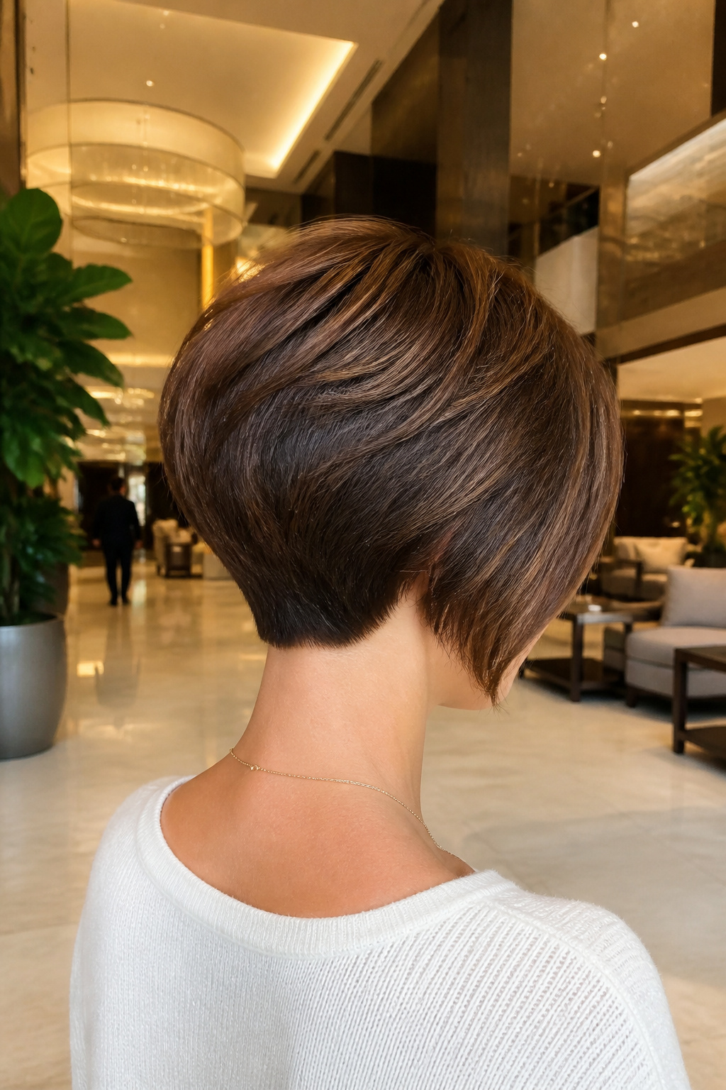 Angled side-swept pixie bob with chestnut strands.